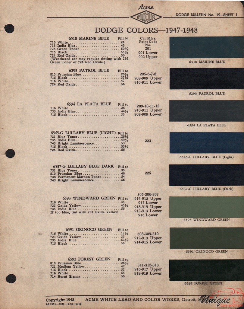1947 Dodge Paint Charts Acme 1